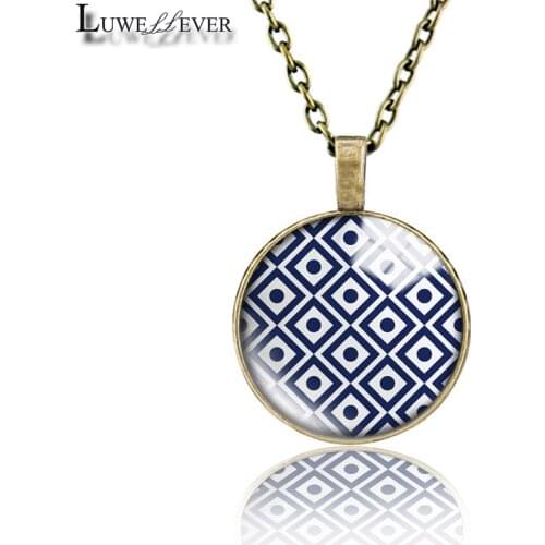Blue Pattern Necklace 719 25mm Bronze 30mm Wood Rhinestone Double-sided Moon Round Glass Pendant For Women Gift