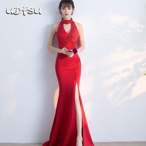 UDFSU Women Off Shoulder V-Neck Halter Evening Dress Slim Fit Formal Split Mermaid Dresses Vintage Appiques Bride Gowns