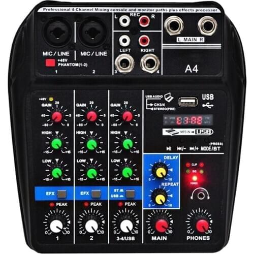 Eu Plug A4 Sound Mixing Console Bluetooth Usb Record Computer Playback 48V Phantom Power Delay Repaeat Effect 4 Channels Usb Aud
