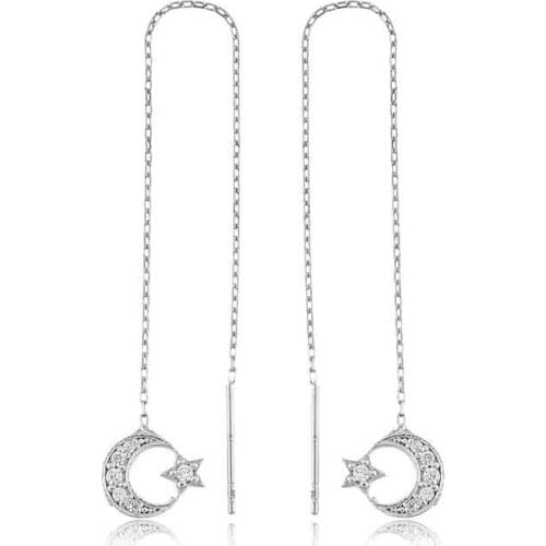 Tevuli 925 Sterling Silver Chain Moon Star Stud Earrings