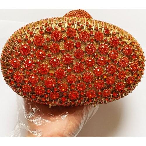 High Quality Orange Color Diamond Purse Gold Metal Women Crystal Clutch Bag New Fashion Party Wedding Clutches Chain Handbags