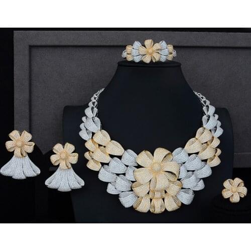 High Quality Luxury Big Flower Necklace Bracelet Earring Ring Jewelry Sets Cubic Zirconia For Wedding Engagement Anniversary