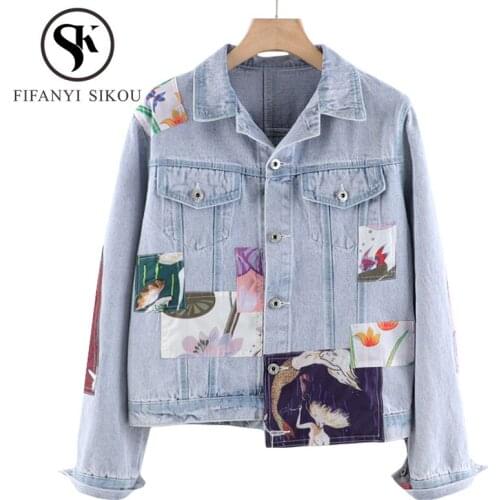 Patchwork Women Denim Jacket Short Coat Pocket Lapel Fashion Print Jeans Jacket Female Korean Loose Jeans Coat 2020 Autumn New