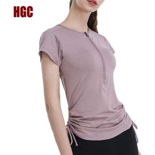 Sports Top Women Zipper Waist Drawstring Fitness T-shirt Round Neck Short Sleeve Quick Dry Running Female Yoga Blouse HGC