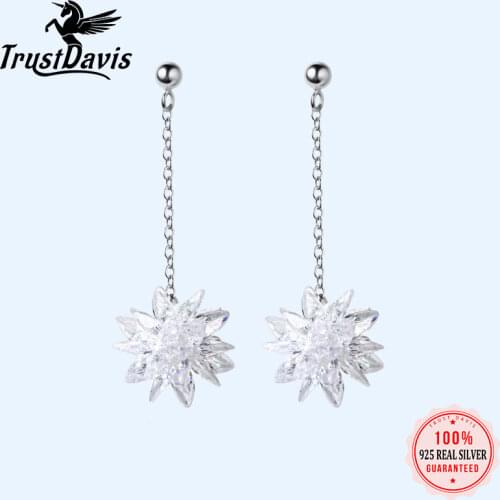 Trustdavis Genuine 100% 925 Sterling Silver Sweet Dazzling Ice Crystal Flower Stud Earring For Women Wedding Jewelry Gift DS2183