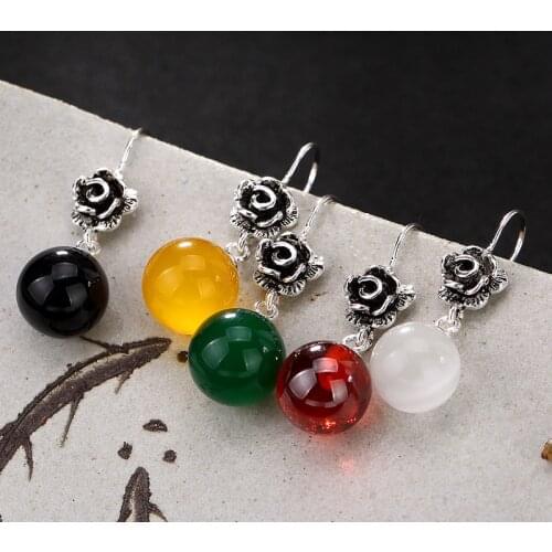 S925 Sterling Silver Vintage Thai silver inlaid garnet red chalcedony cat rose earrings earrings high-grade female