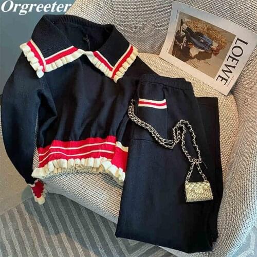 Sweet Black Peter Pan Collar Long Sleeve Sweater Trouser Two Piece Set Women Elegant Retro Striped Knitted Jumper Top Pants Suit