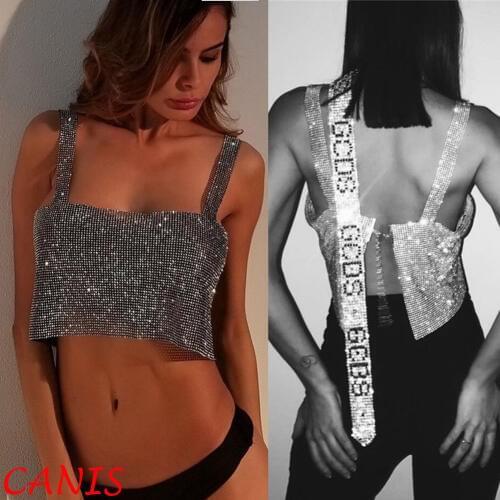 Womens 2020 Summer Sexy Sequined Sleeveless Slash Neck Adjustable Tank Top Lady Club Crystal Rhinestone Chainmail Crop Tops