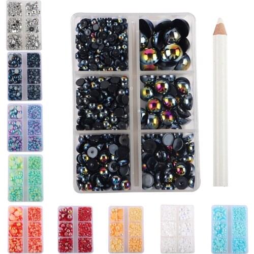 720pcs/lot 3-10 mm round flat imitation pearl box manicure stick mobile drill DIY material accessoire couture beads set