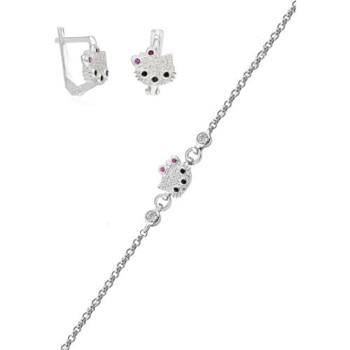925 sterling Silver Children Ancl Cubic Zirconia Cat Model Bracelet and Earrings