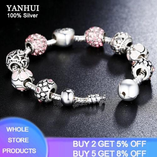 YANHUI 2020 NEW Trendy 925 Silver Beads Charms Bracelet Pink Flower Floral Crystal Charm Bracelet Bangle Women Fashion Jewelry