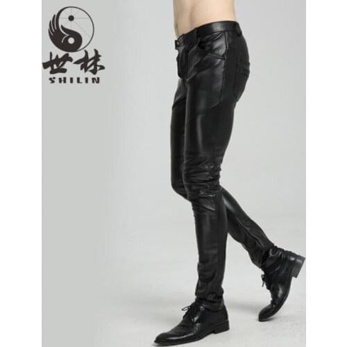 Straight faux leather pants mens feet pants レザーパンツ メンズ black fashion motorcycle pu trousers for men pantalon homme spring autumn