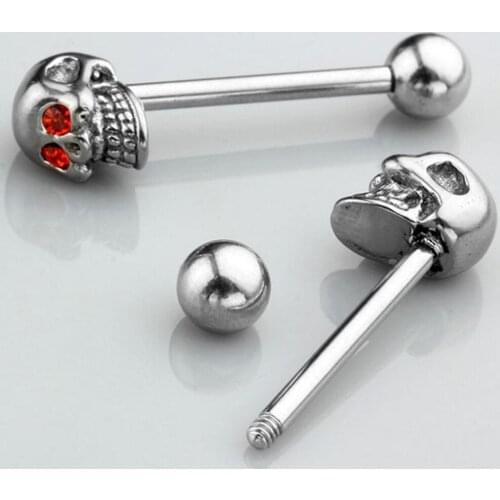 Skull Tongue piercing stainless steel crystal Tongue rings piercing lengua men barbell pircing langue body jewelry ear tragus