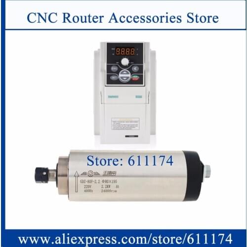 Air Cooled 2.2kw ER16/ER20 Spindle Motor 24000rpm D80mm AC220V 4 bearing CNC Spindle Motor & AC220V VFD Inverter