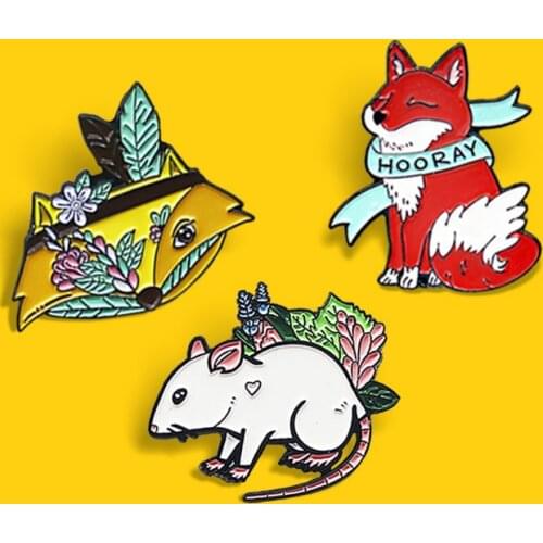 Cartoon Animal Enamel Pins Custom White Rat Red Fox Banner HOORAY Plant flowers Brooches Bag Clothes Lapel Badges Funny Jewelry
