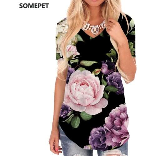 SOMEPET Flower T-shirt women Painting Shirt Print Art V-neck Tshirt Peony Flower Tshirts Printed Womens Clothing Punk Rock