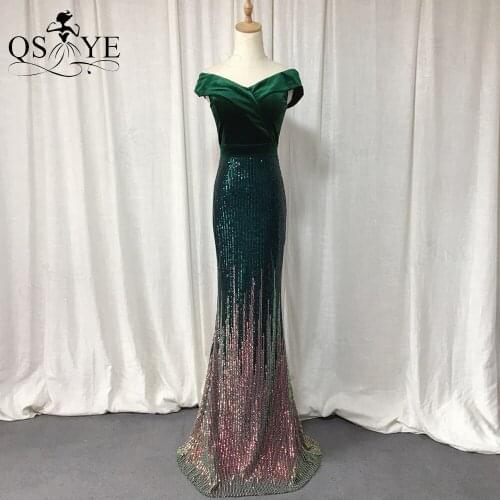 Emerald Evening Dresses Mermaid Off Shoulder Sequin Lace Evening Gown Velvet Party Dress Elegant Fading Fitted Formal Gown