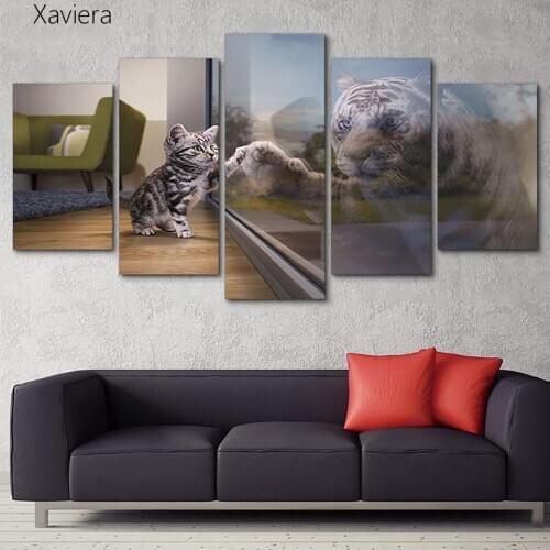 Hd Animal Canvas Painting Cute Pet Cat Art Poster Combination 5 Panel Paintings Living Room Wall Home Decoration Mural Frameless