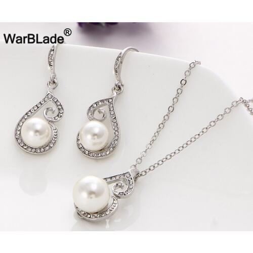 WarBLade Pearl Necklace Drop Earrings Sets Rhinestone Silver Color Necklace Earrings Jewelry Sets For Women Bridal Wedding Gift