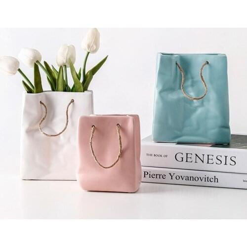 Nordic Creative Shopping Basket ceramic Vase Bag Decoration Simple Dried Flower Arrangement Vase Table Decoration NJ72315