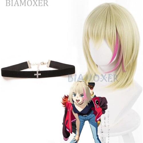 Kawai Rika Cosplay Wig Necklace Wonder Egg Priority Girl Short Goden Pink Hair Halloween Costume Props Accessory