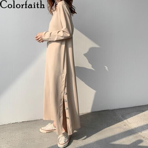 Colorfaith New 2021 Spring Autumn Women Dresses Knitted Buttons Solid Slit Korean Style Elegant Vintage Lady Long Dress DR0159