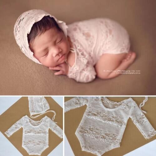 Newborn Photography Props Newborn Hat Lace Romper Bodysuits Outfit Baby Girl Dress Photo Costume