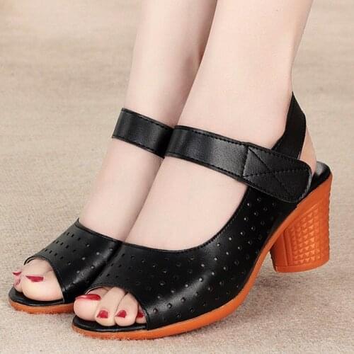 Summer women square heel peep toe sandals comfortbale breathable vintage ladies high heel sandals for party work