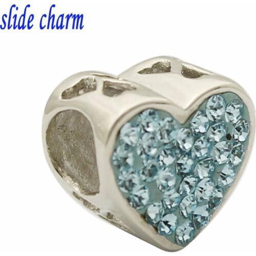 Slide charm Free shipping Mothers Day Mosaic lake blue Rhinestone hearts mom fashion charm beads fit Pandora bracelet