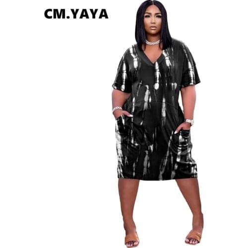 CM.YAYA Women Plus Size Dress Print Short Sleeve V-neck Loose Straight Midi Dresses with Pockets Casual Fashion Vestidos Summer