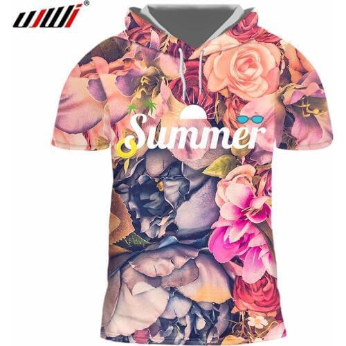 UJWI Summer New Short Sleeve T Shirts 3D Printed Rose Flower Summer Male Large Size Tops Man Autumn Trend Hooded Tshirt 2020