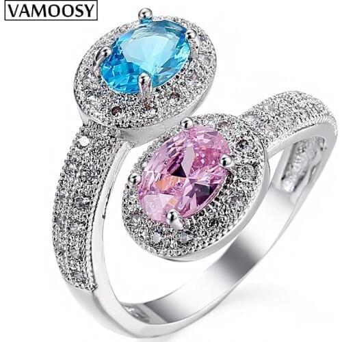 VAMOOSY 2018 New Fashion Adjustable Open Rings blue pink Color Zircon Stones Ring For Women Wedding Jewelry Accessories Gift