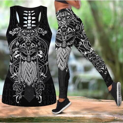 Viking Odin Tattoo 3D Printed Hollow Tank Top & Leggings Set Fitness Female Full Length Leggings Comfortable Yoga Pants LKB-06