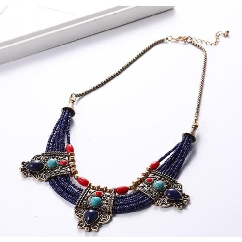 Boho Women Multilayer Beads Rhinestones Inlaid Statement Chain Bib Necklace Gifts for Friends
