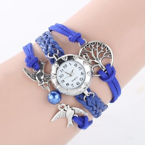 Reloj Mujer Fashion Watch Women Quartz Hollow Life Tree Birds Beads Charm Multilayer Retro Braided Bracelet Wrist Clock Gifts