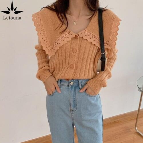 Leiouna Casual Ruffle Lapel Design 2021 Fashion Promotion Women Single Breasted Knitted Korean Long Sleeve Elegant Cardigan