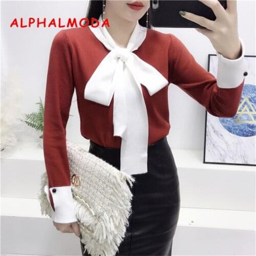 ALPHALMODA Butterfly Collar Long-sleeved Sweet Women Sweater Slim Fit 2018 Autumn Women Fashion OL Casual Bottom Sweater Jumper