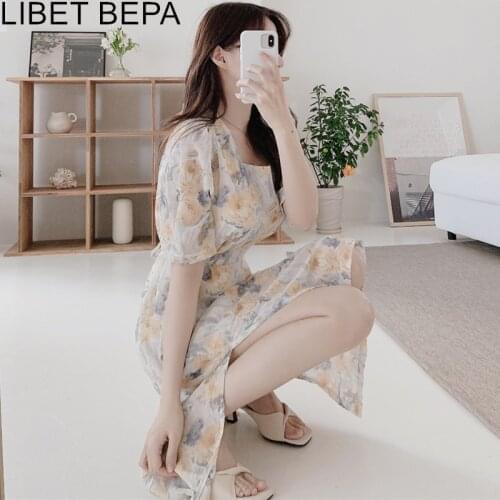 2021 New Women Summer Dresses High Waist Chiffon Print Floral Square Collar Elegant Lace Up Split Vintage Lady Midi Dress DR3397