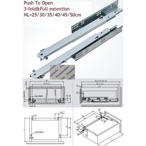 1Pair/ Lot Rebound Press To Release Push To Open Under Mount Drawer Slide Rail Runner 3 Folds Full Extention