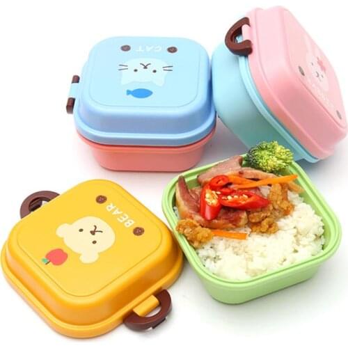 1PC Double-Layer Food Lunch Box Portable Cartoon Animals Case Double-Layer Storage Container Children Bento Box With Ear Clips