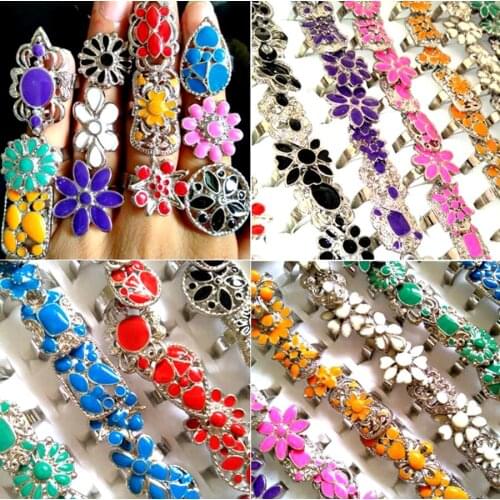 100PCS top mix Womens Ladies Vintage Colorful Flower Enamel Beautiful Rings Assorted Design Mixed Fashion Jewelry Party GiftPa