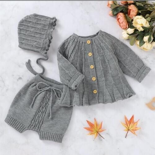 Baby Girls Clothes Autumn Winter Knitted Baby Clothes Newborn Baby Clothing Set Boy Outfits Toddler Cardigan Pants Hats 3 pcs