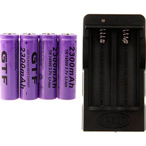 GTF 4pcs 14500 Led Flashlight Batteries 3.7V 2300mAh Rechargeable Li-ion Battery for Headlamps Torch Mouse with EU/US Charger