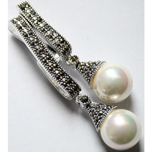 925 Sterling Silver Jewelry Marcasite Two 12mm White Shell Pearl Ball Pendant 58*20mm