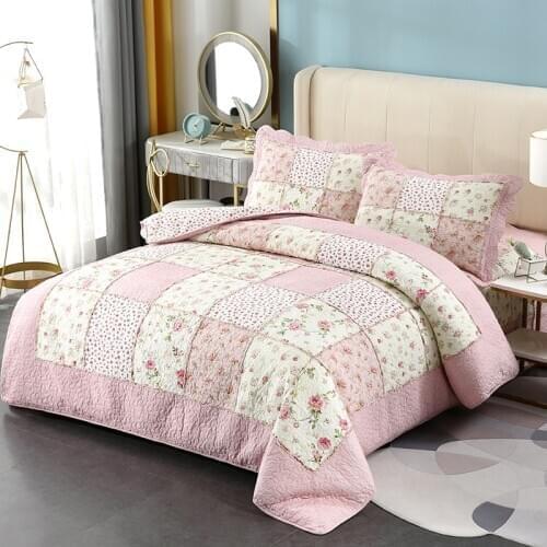 CHAUSUB Pink Quilt Sets 3pc Cotton Bedspread for Bed Floral Patchwork Coverlet Pillowcase Queen Size 4pc Duvet Cover Set Blanket