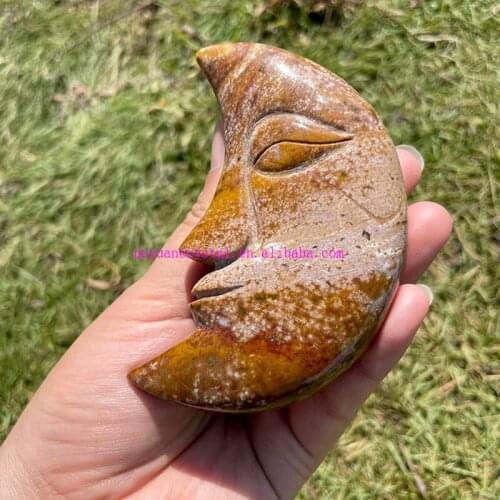 Natural Crystal Moon Figurine Hand Carved Stone Ocean Jasper Moon Decor Healing Crystal Aesthetic Room Decor Gift