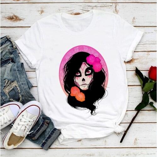 Mexico Day of the Dead calavera sugar skull funny t-shirt women summer new white casual sweet kawaii t shirt femme