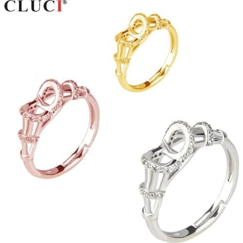 CLUCI Real 925 Sterling Silver Fashion Women Ring Jewelry Adjustable Rose Gold Symmetric Pearl Ring Mounting SR2045SB