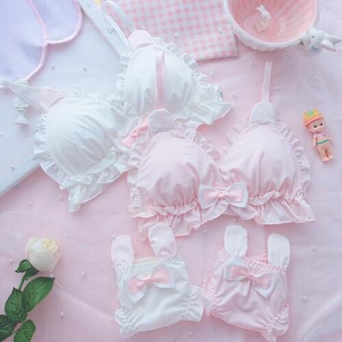 Japanese Bra & Panties Set Kawaii Rabbit Ears Girl Student Underwear Wirefree Soft Sleep Intimates Set Sweet Lolita Lingerie