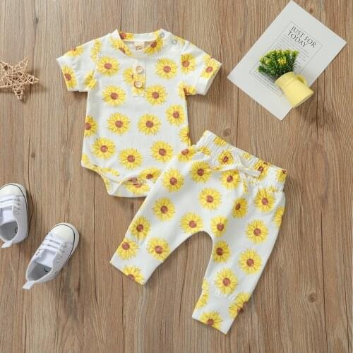 Girls clothe set children outfits Infant Short-sleeved Romper Trouser Sunflower Print Elastic Waist Casual Style Summer Clothing